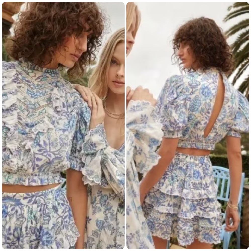 HEMANT & NANDITA Blue and White Floral Puff-Sleeve Blouse - Picture 8 of 16
